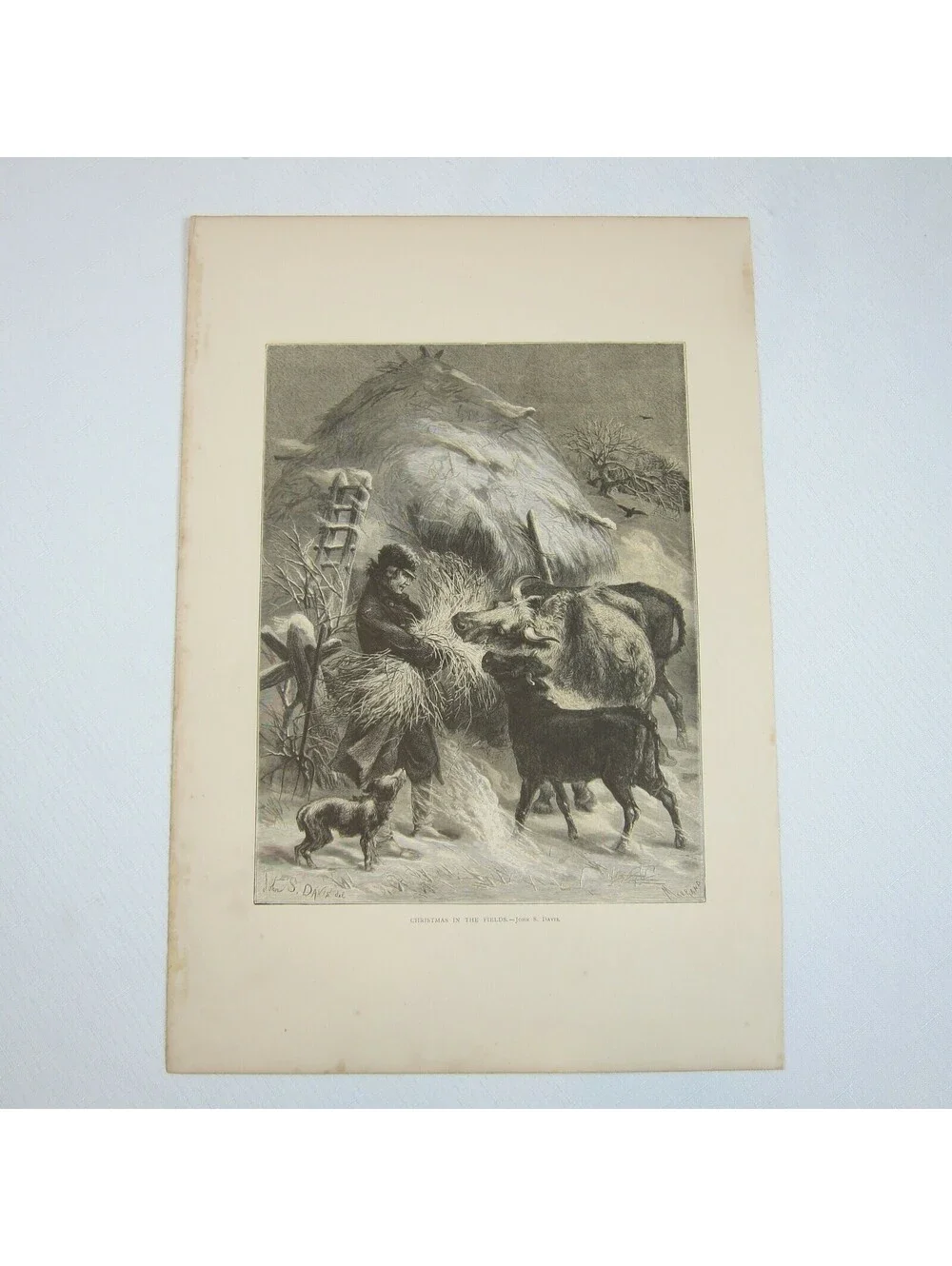Antique 1873 Wood Engraving Print Christmas in the Fields, John S. Davis, Aldine
